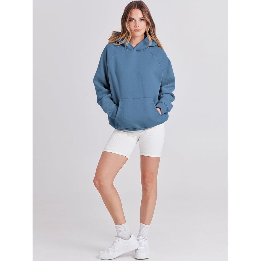 Women Deep Blue Hoodies Oversized Fleece Long Sleeve Comfy Casual Sweatshirts - Picture 5 of 9